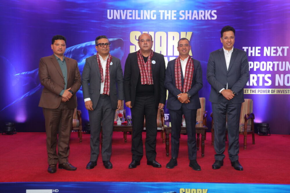 Himalaya TV ED Shyam Kadel, Sharks - Anand Bagaria, Cabinet Shrestha, Hem Raj Dhakal, Himalaya TV Chairperson Dharma Raj Bhusal (Left to Right)