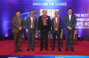 Himalaya TV ED Shyam Kadel, Sharks - Anand Bagaria, Cabinet Shrestha, Hem Raj Dhakal, Himalaya TV Chairperson Dharma Raj Bhusal (Left to Right)